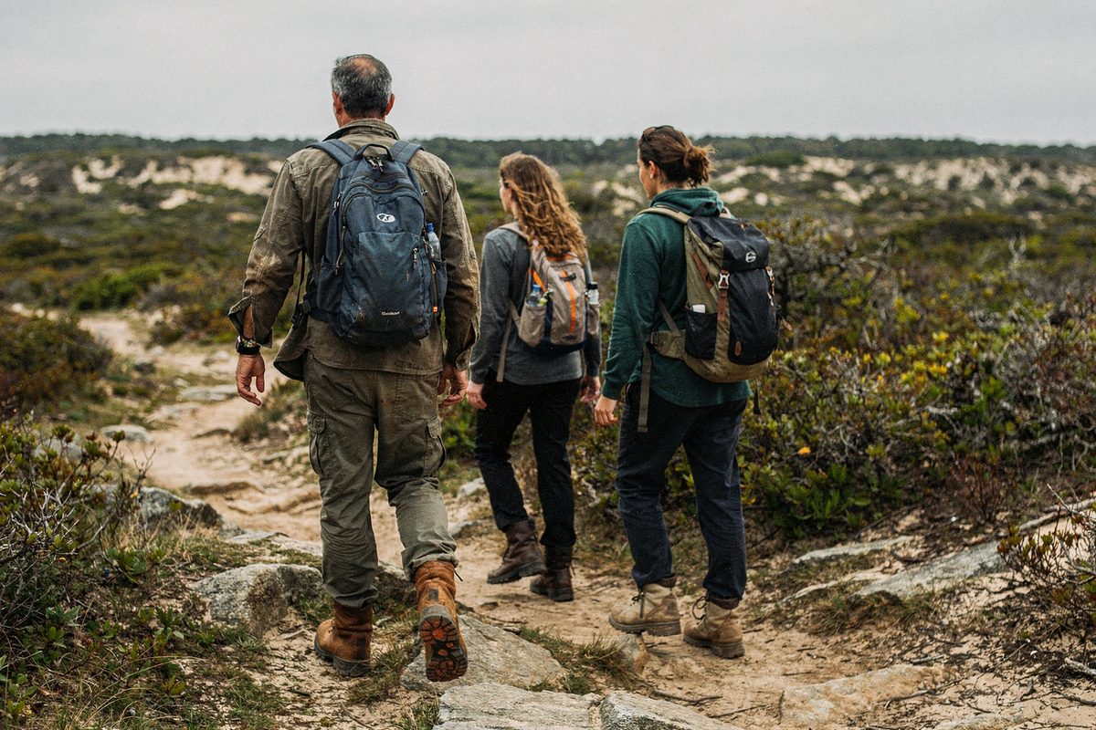 A guide leads three hikers single file along a rocky ridge trail under overcast sky