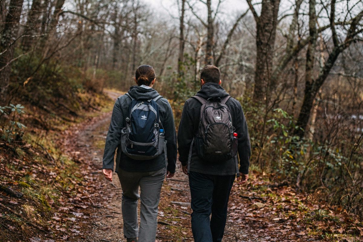 Two hikers descend a wooded switchback trail through damp leaf litter